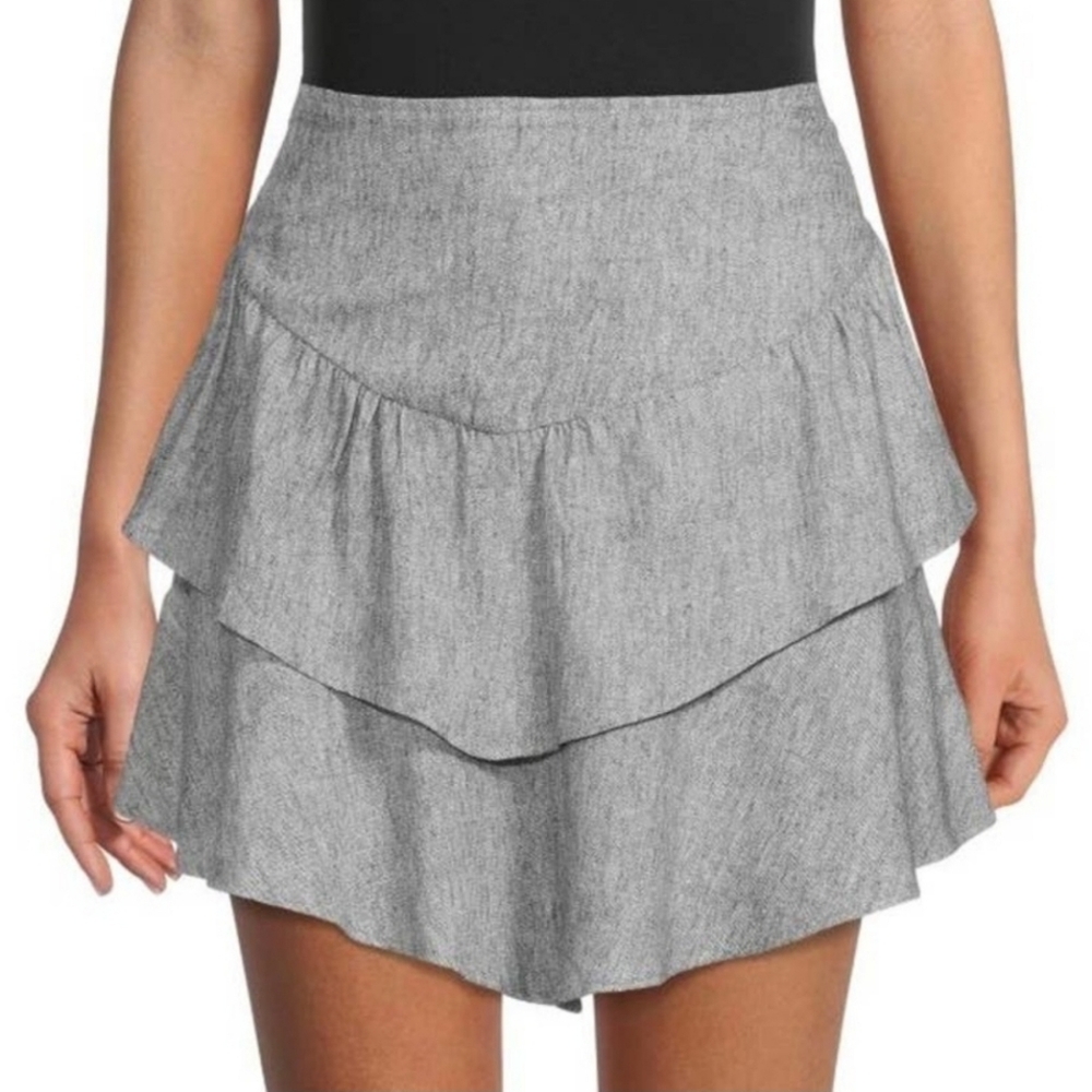 Fluttery Tiered Linen Blend Black/White Mini Skirt Size Large 34 Waist